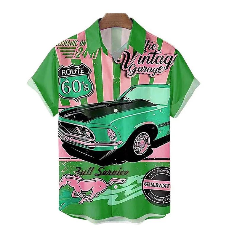 Men's Vintage Car Letter Graphic Short Sleeve Shirt