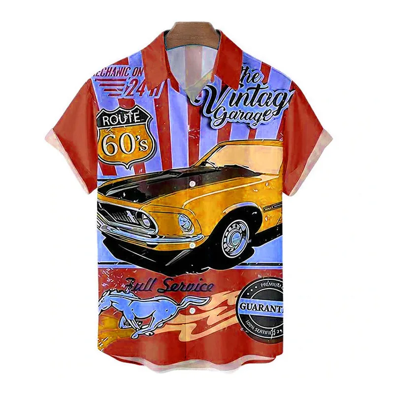 Men's Vintage Car Letter Graphic Short Sleeve Shirt