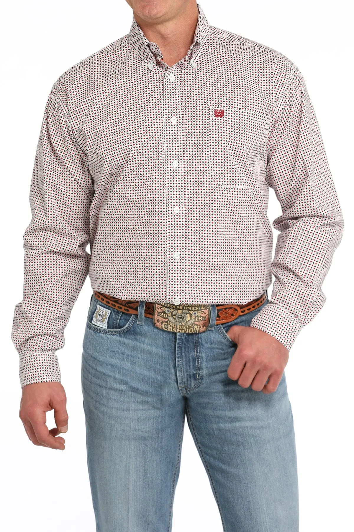 MENS WHITE CARD PRINT LONG SLEEVE SHIRT