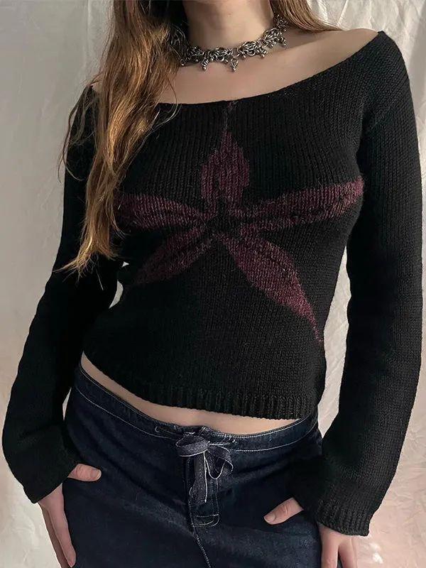 Multicolored Y2k jacquard round neck long sleeve knitted sweater