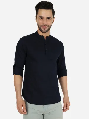 Navy Blue Solid Slim Fit Semi Casual Shirt | Greenfibre