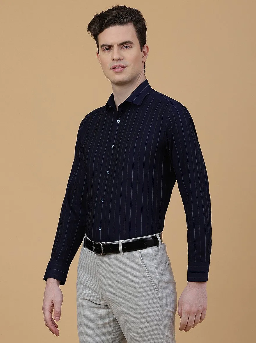 Navy Blue Striped Slim Fit Formal Shirt | Metal