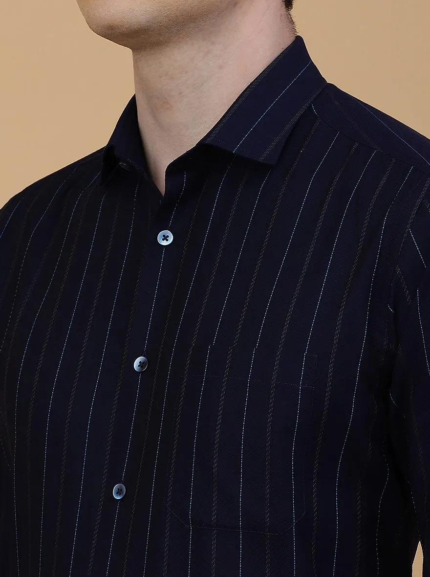 Navy Blue Striped Slim Fit Formal Shirt | Metal