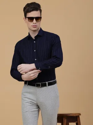 Navy Blue Striped Slim Fit Formal Shirt | Metal