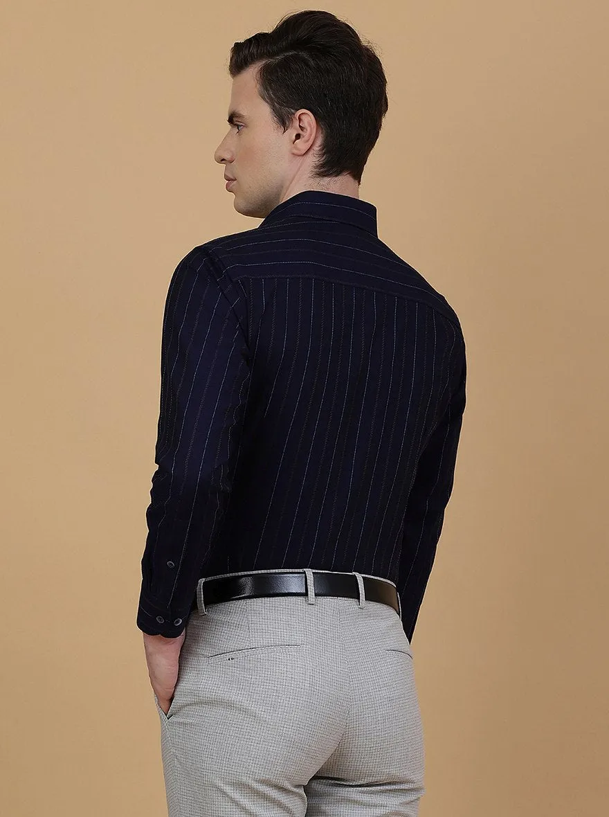 Navy Blue Striped Slim Fit Formal Shirt | Metal