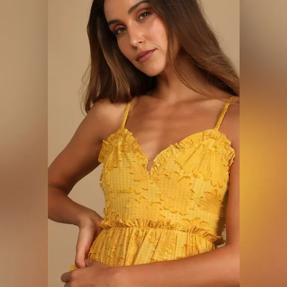 NWT Lulu’s Charm and Charisma Mustard Yellow Burnout Floral Midi Dress
