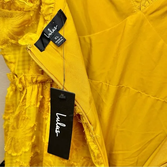 NWT Lulu’s Charm and Charisma Mustard Yellow Burnout Floral Midi Dress