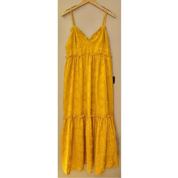 NWT Lulu’s Charm and Charisma Mustard Yellow Burnout Floral Midi Dress