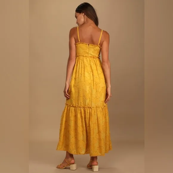 NWT Lulu’s Charm and Charisma Mustard Yellow Burnout Floral Midi Dress