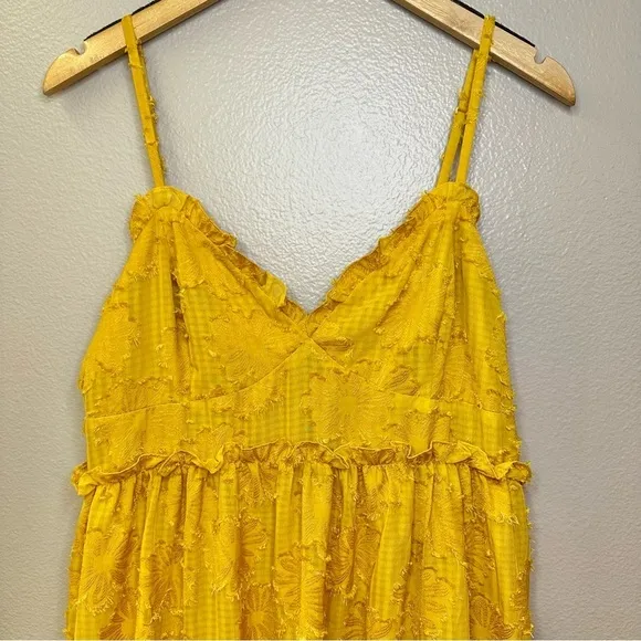 NWT Lulu’s Charm and Charisma Mustard Yellow Burnout Floral Midi Dress