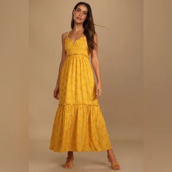 NWT Lulu’s Charm and Charisma Mustard Yellow Burnout Floral Midi Dress