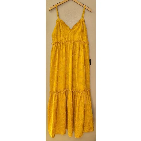 NWT Lulu’s Charm and Charisma Mustard Yellow Burnout Floral Midi Dress