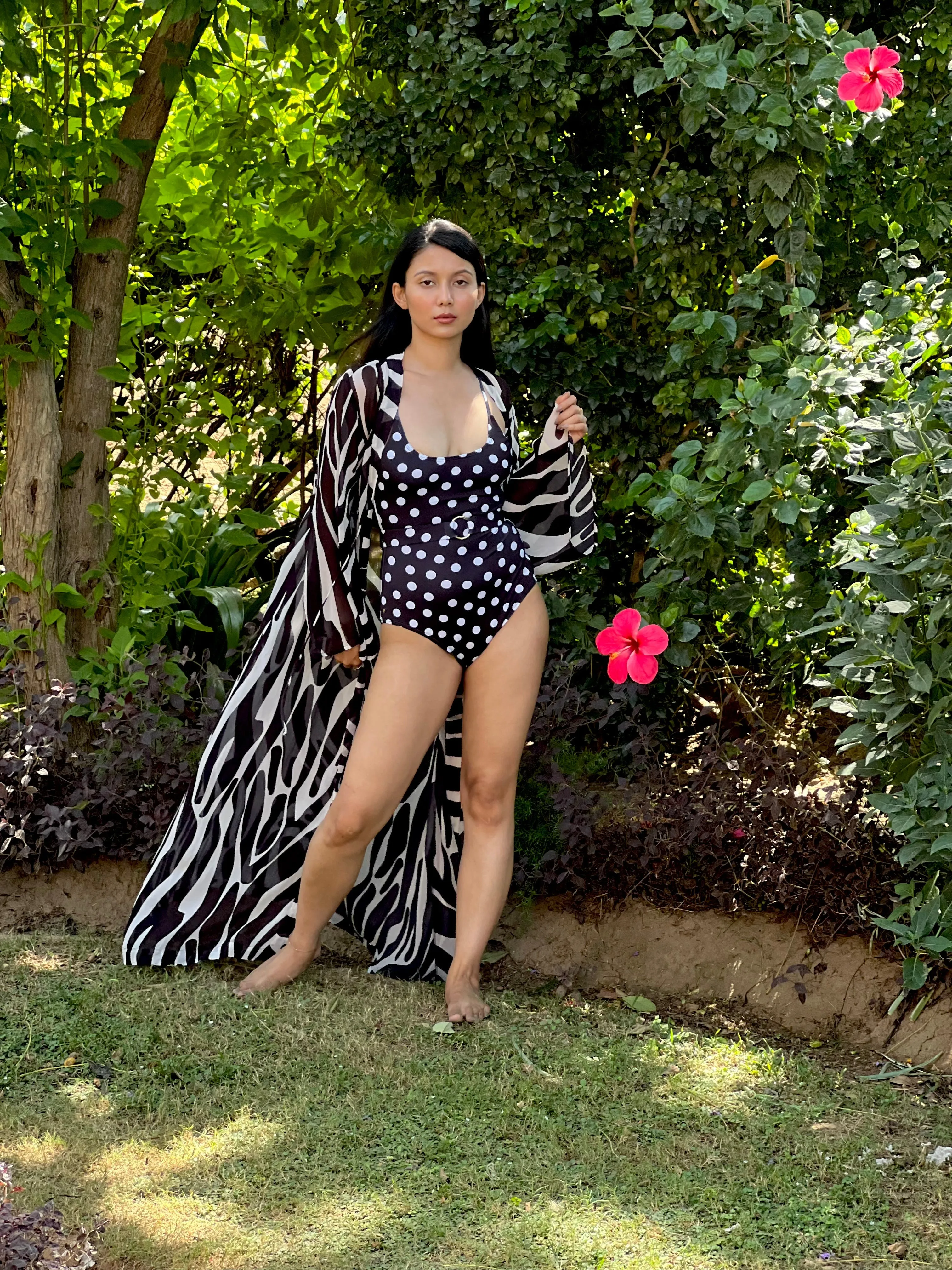 One Piece Swimsuit with Removable Belt- Noir Dot