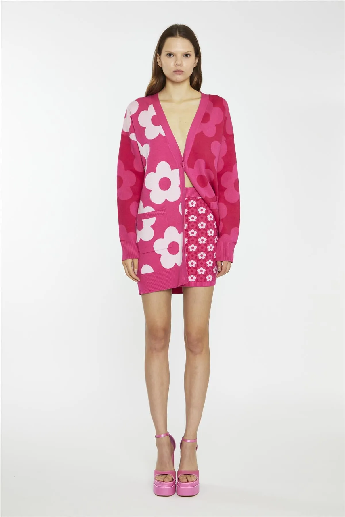Pink Flower Check Bodycon Mini-Skirt