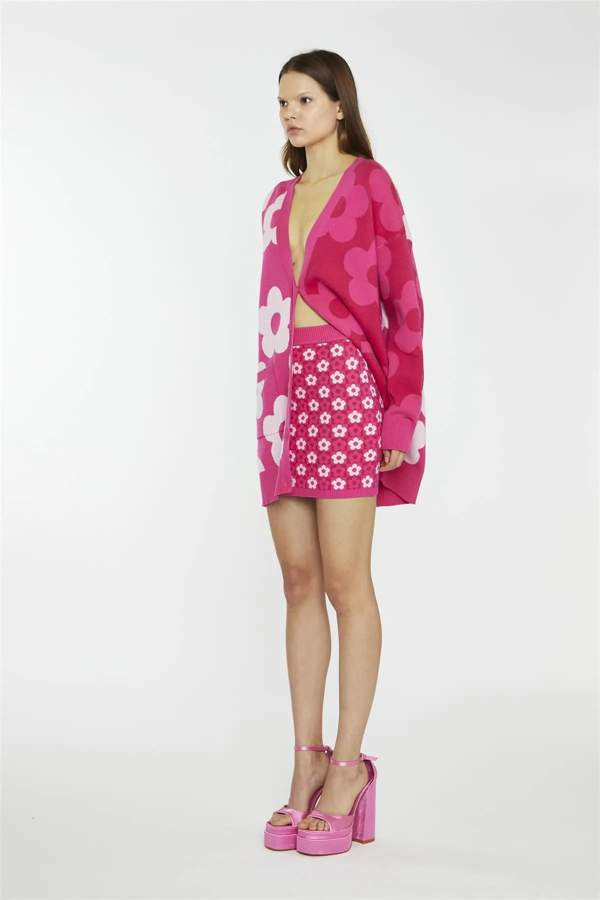 Pink Flower Check Bodycon Mini-Skirt