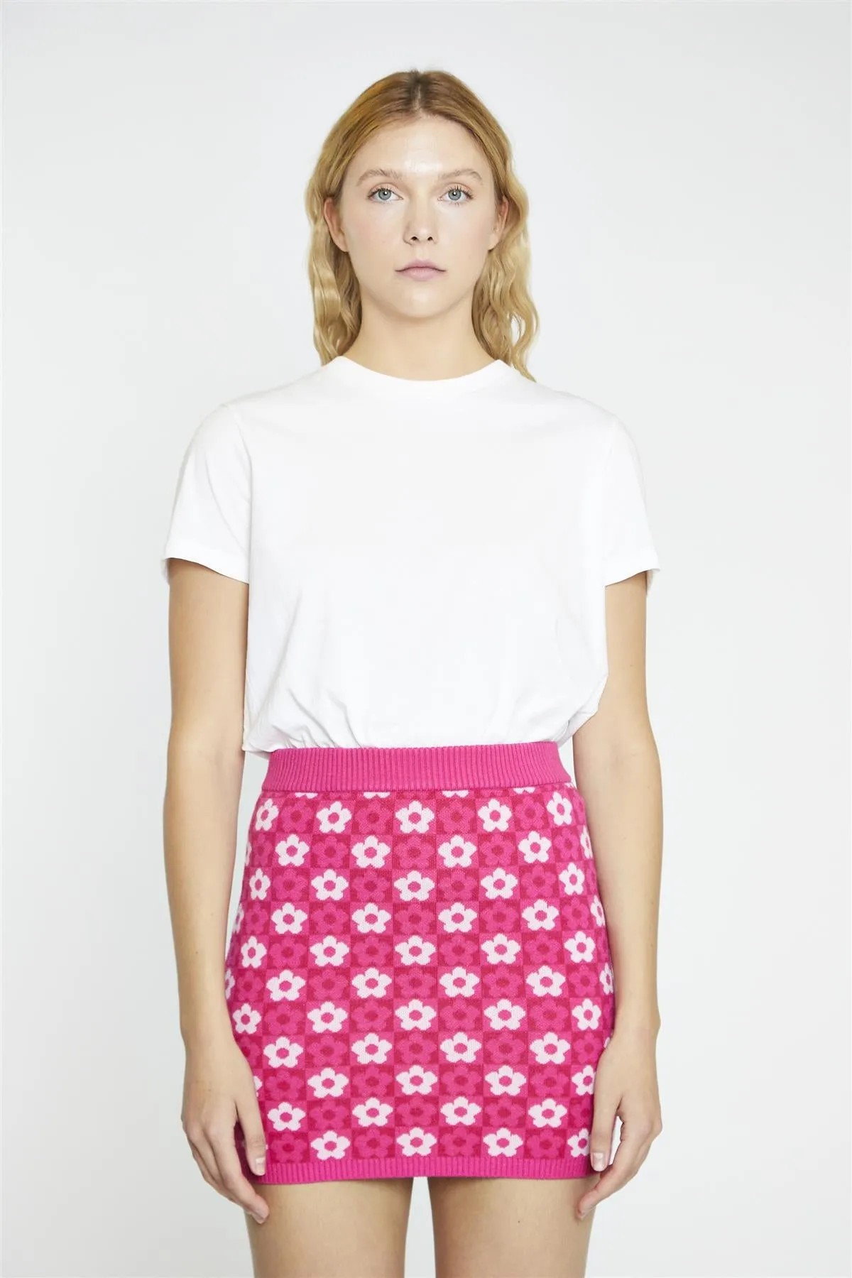 Pink Flower Check Bodycon Mini-Skirt