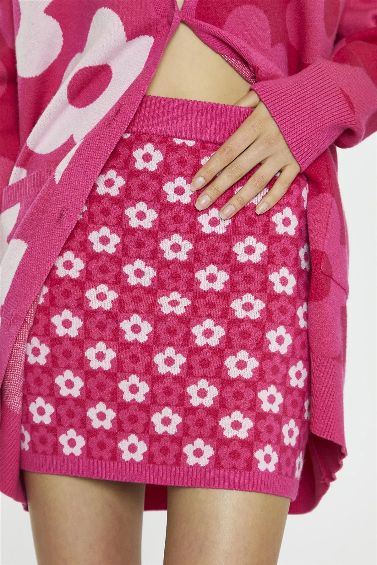 Pink Flower Check Bodycon Mini-Skirt