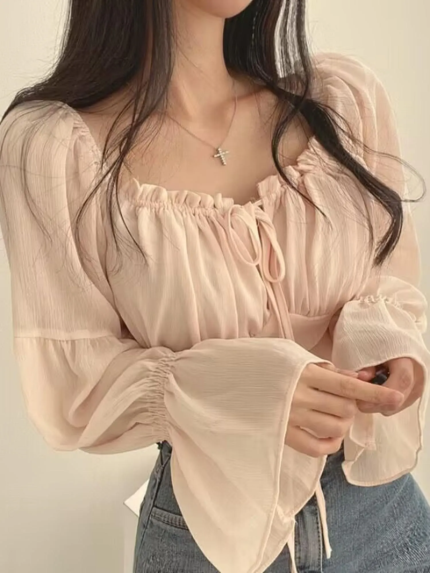 Pink Tie Up Bell Sleeves Top