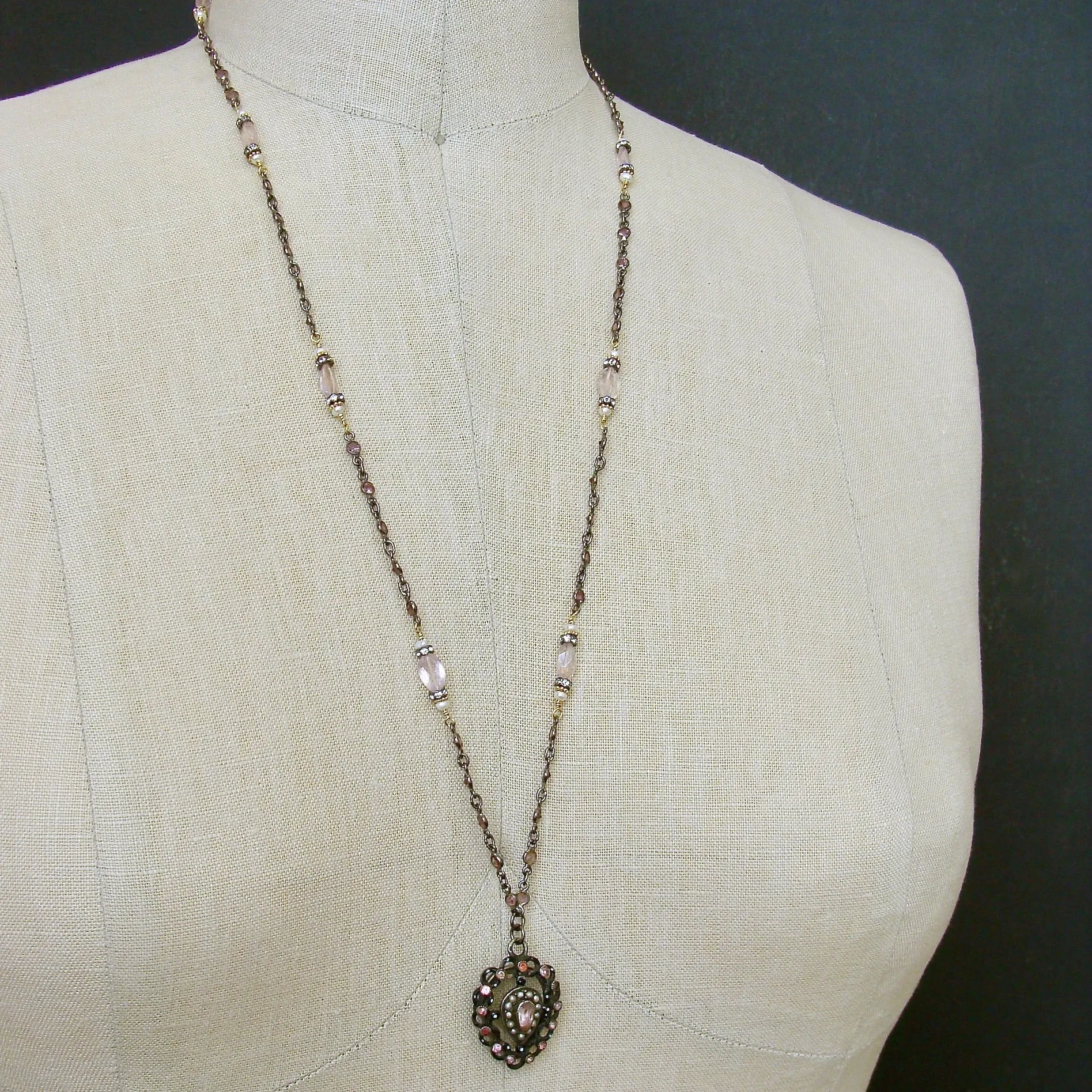 Pink Tourmaline Rose Quartz Georgian Paste Polka Dot Enamel Heart Locket - Micheline Necklace