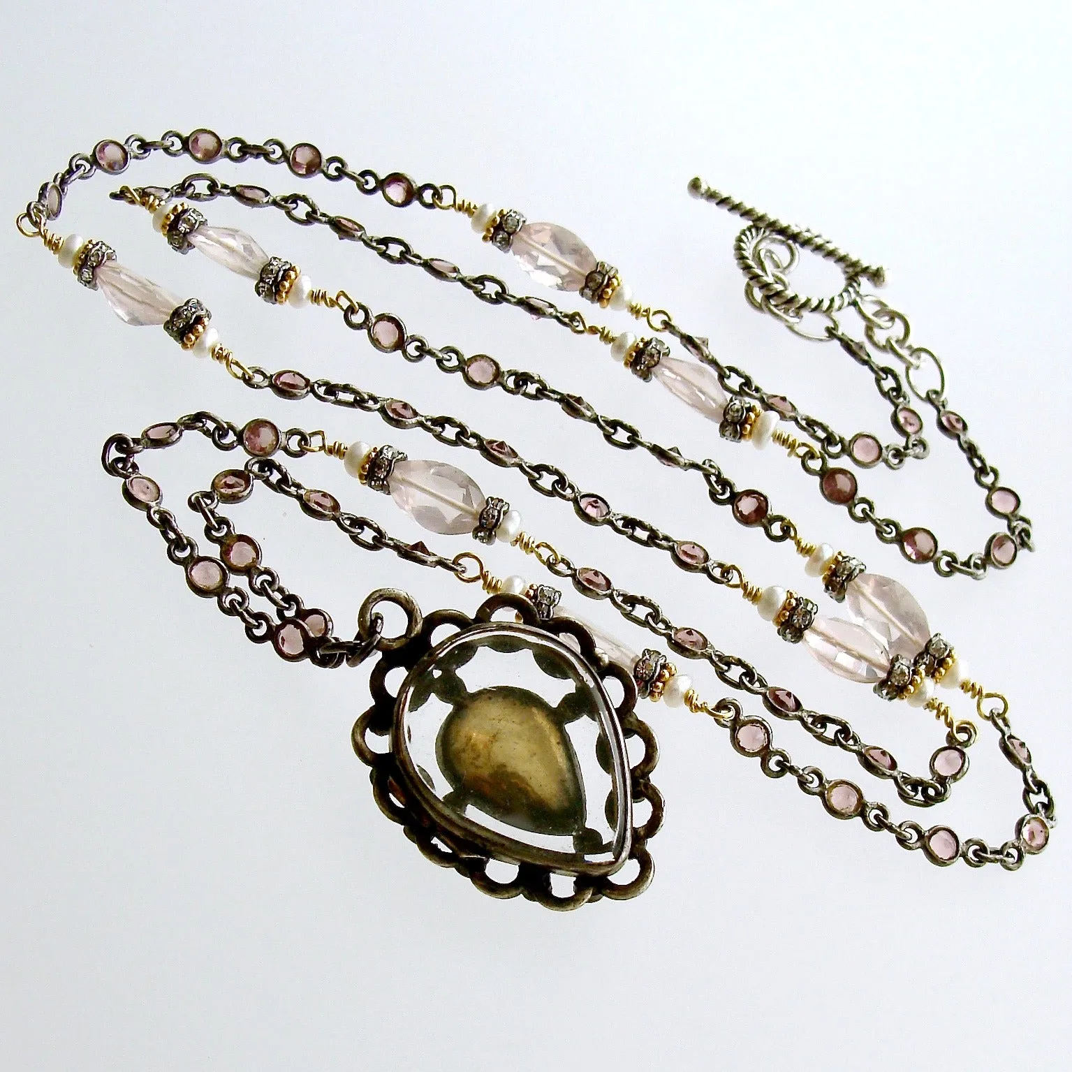 Pink Tourmaline Rose Quartz Georgian Paste Polka Dot Enamel Heart Locket - Micheline Necklace