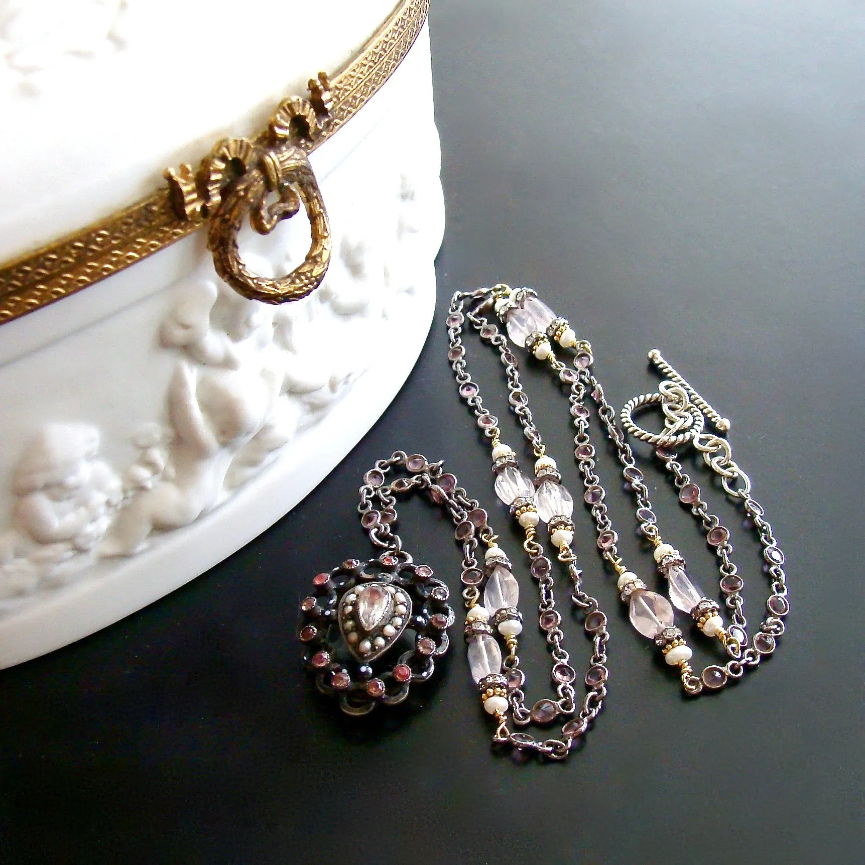 Pink Tourmaline Rose Quartz Georgian Paste Polka Dot Enamel Heart Locket - Micheline Necklace