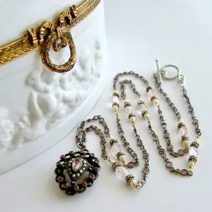 Pink Tourmaline Rose Quartz Georgian Paste Polka Dot Enamel Heart Locket - Micheline Necklace
