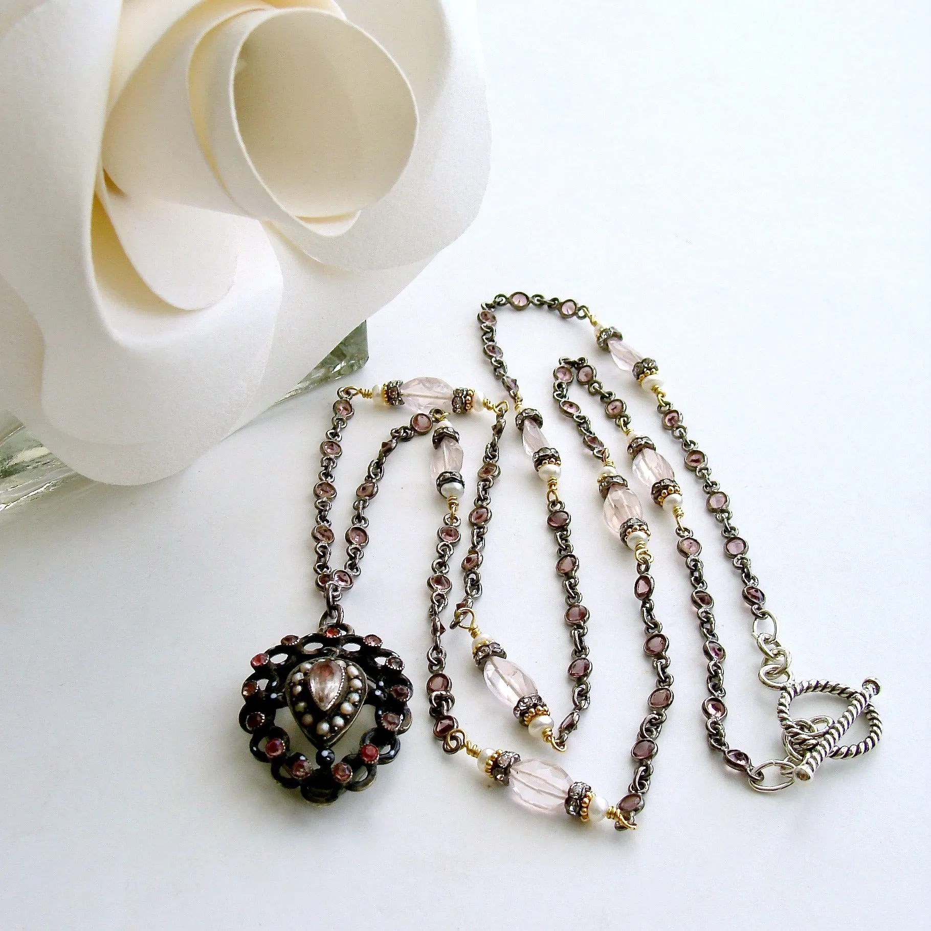 Pink Tourmaline Rose Quartz Georgian Paste Polka Dot Enamel Heart Locket - Micheline Necklace