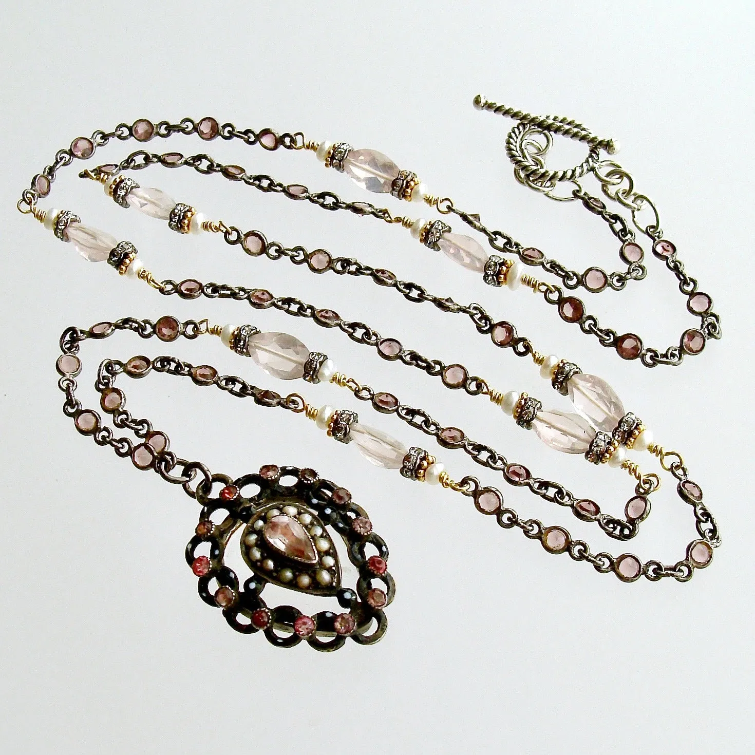 Pink Tourmaline Rose Quartz Georgian Paste Polka Dot Enamel Heart Locket - Micheline Necklace