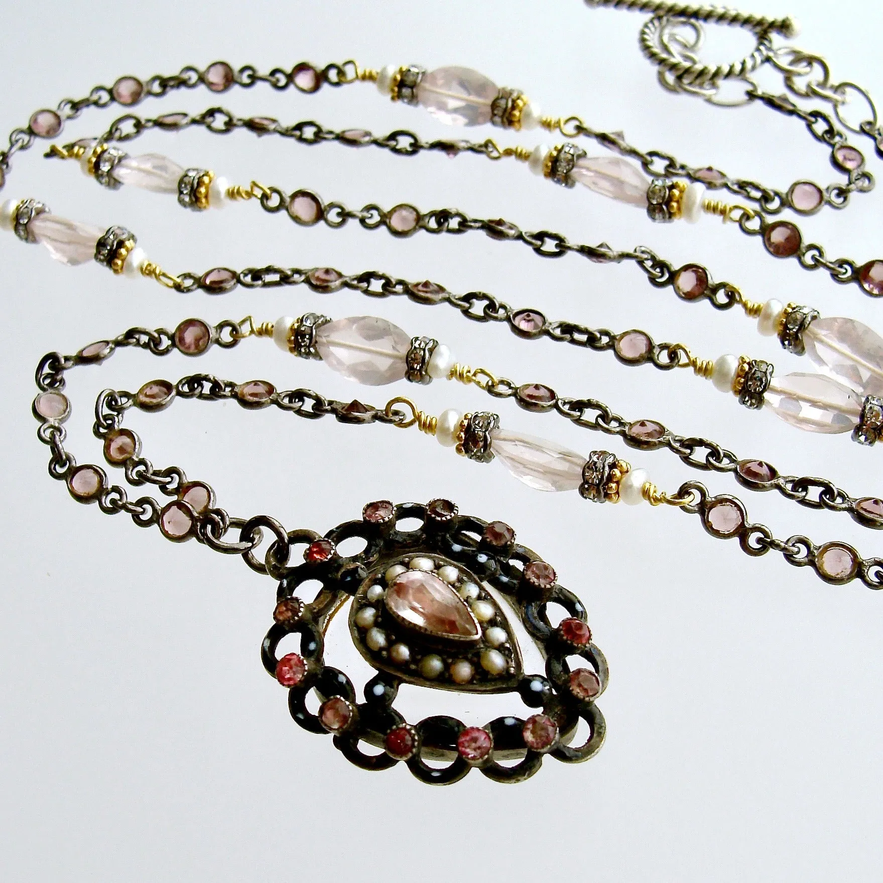 Pink Tourmaline Rose Quartz Georgian Paste Polka Dot Enamel Heart Locket - Micheline Necklace