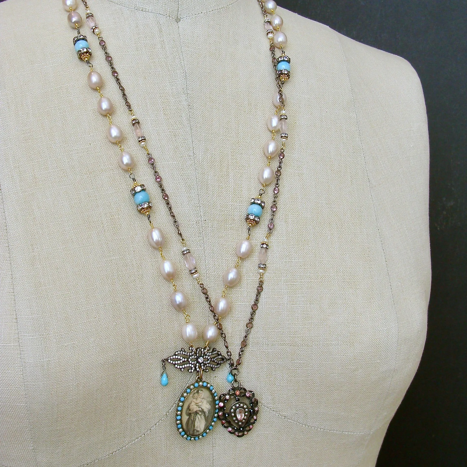 Pink Tourmaline Rose Quartz Georgian Paste Polka Dot Enamel Heart Locket - Micheline Necklace