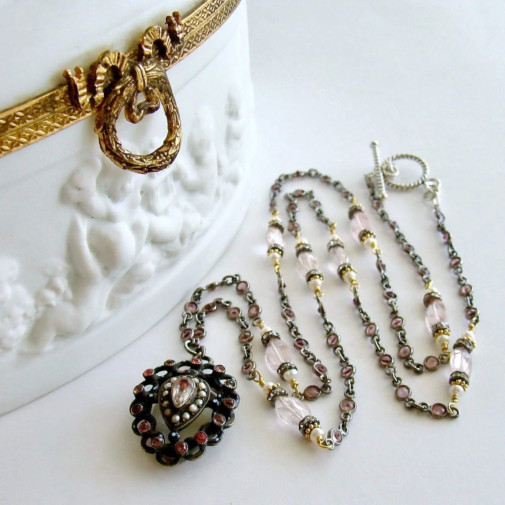 Pink Tourmaline Rose Quartz Georgian Paste Polka Dot Enamel Heart Locket - Micheline Necklace