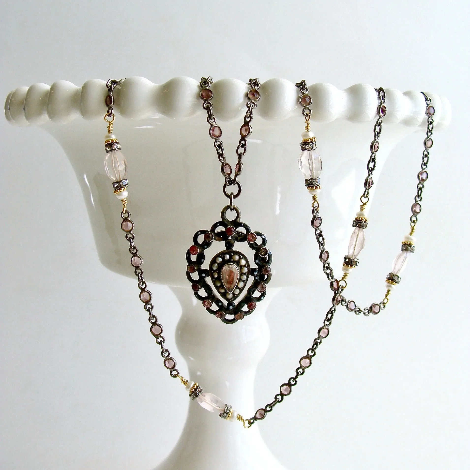 Pink Tourmaline Rose Quartz Georgian Paste Polka Dot Enamel Heart Locket - Micheline Necklace