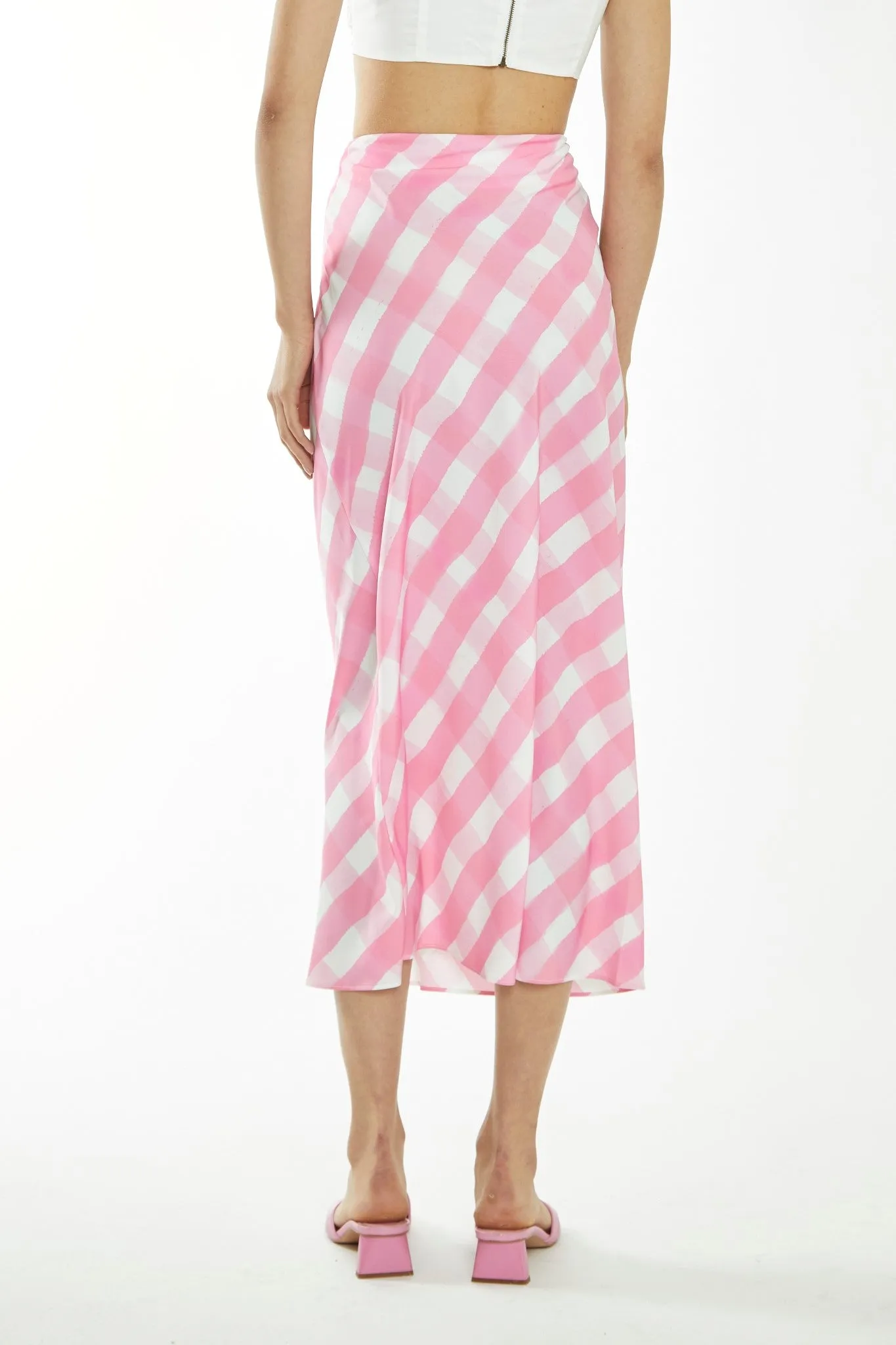 Pink Watercolour-Gingham Bias-Cut Midi-Skirt