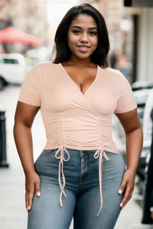 Plus Size Ribbed Ruched Drawstring Surplice Top