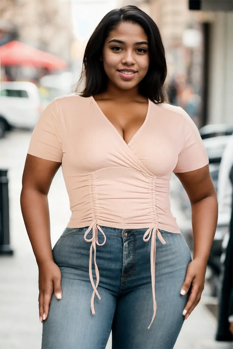 Plus Size Ribbed Ruched Drawstring Surplice Top