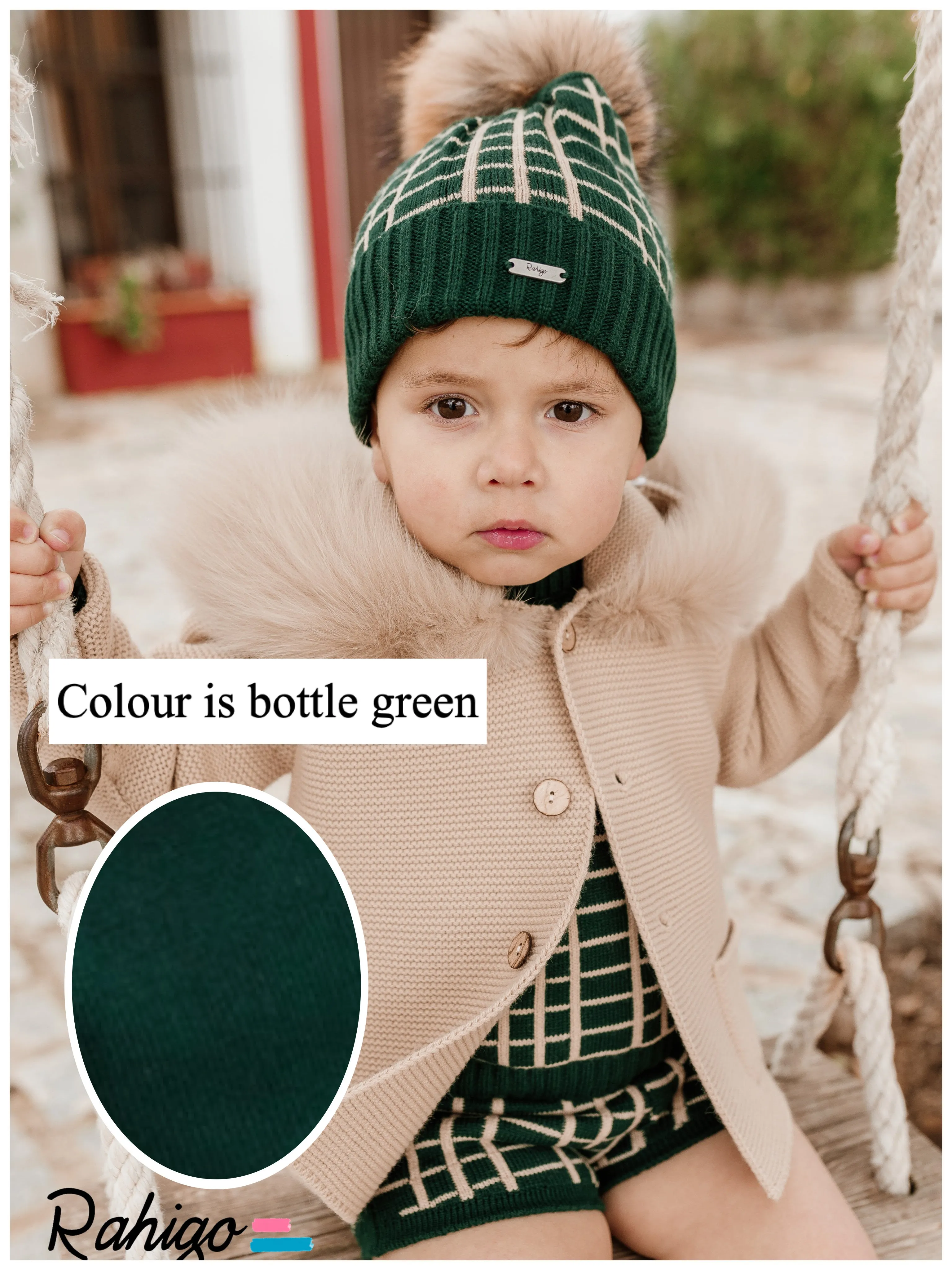 Rahigo bottle green knitted cardigan with fur hood