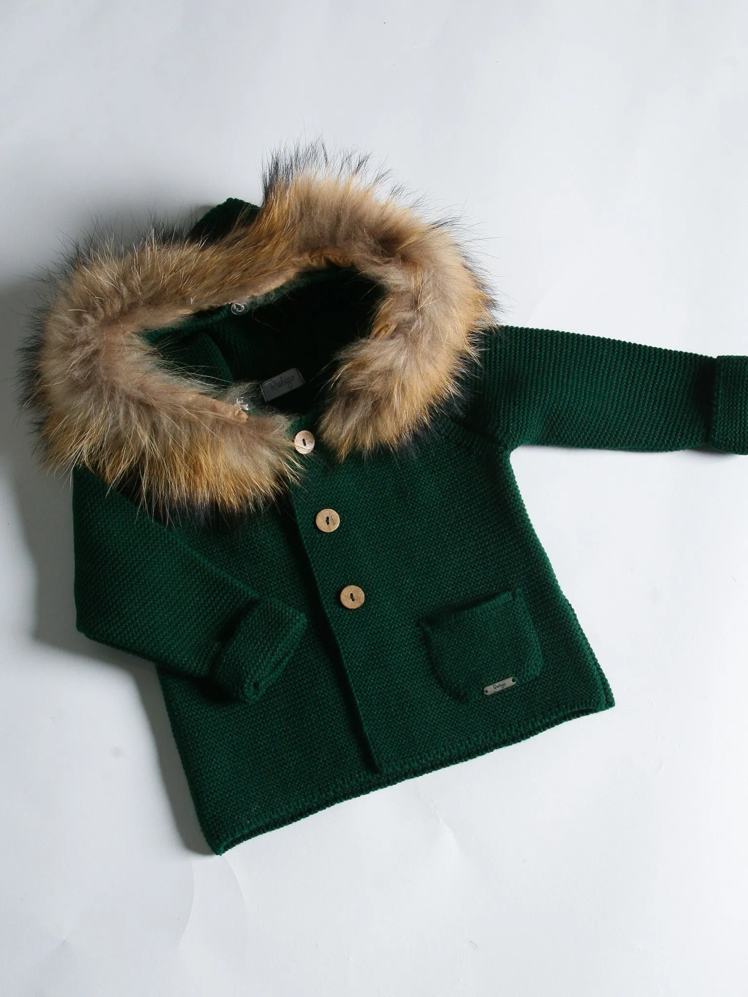 Rahigo bottle green knitted cardigan with fur hood