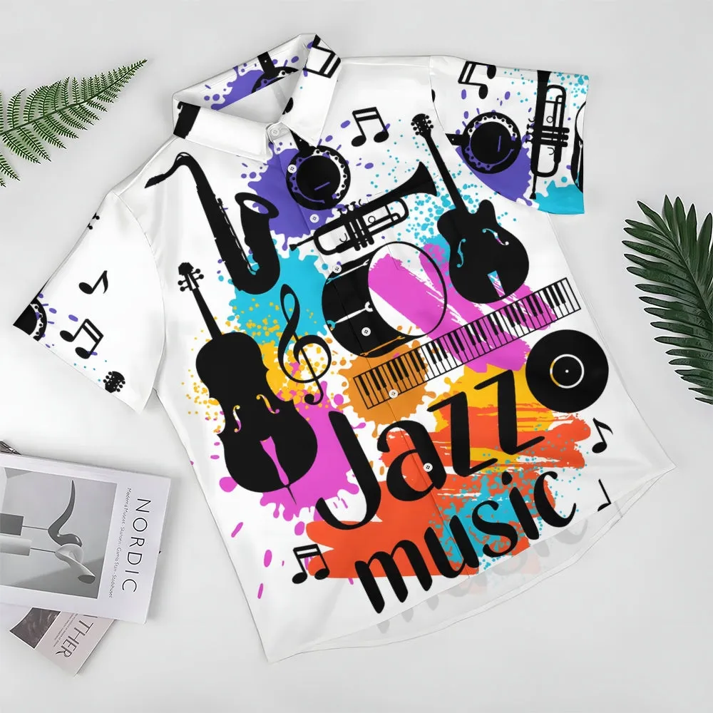 Retro Musical Jazz 3D Print Men's Button Pocket Short Sleeve Shirt 2410001897