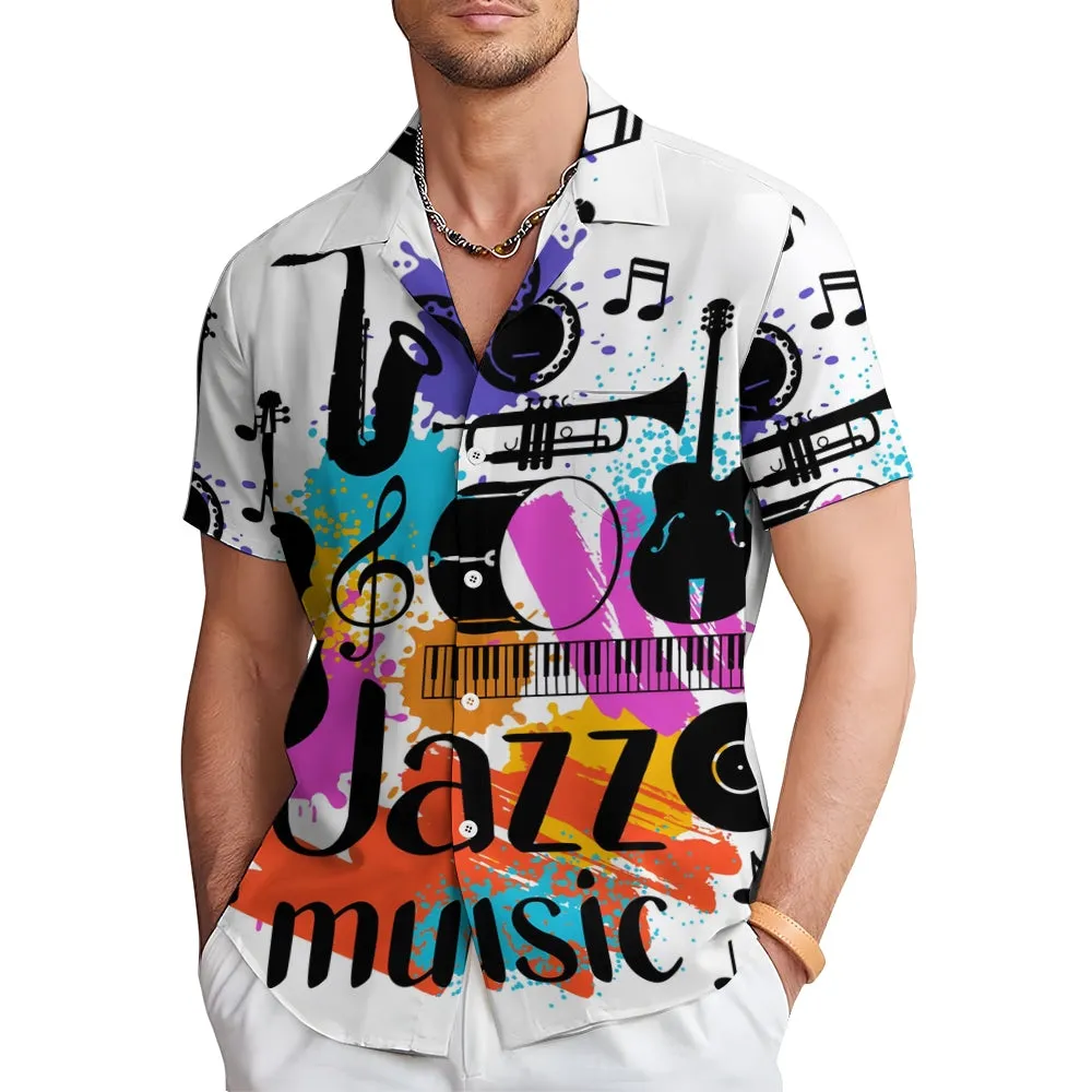Retro Musical Jazz 3D Print Men's Button Pocket Short Sleeve Shirt 2410001897
