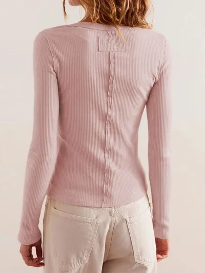 Ribbed Round Neck Long Sleeve Top