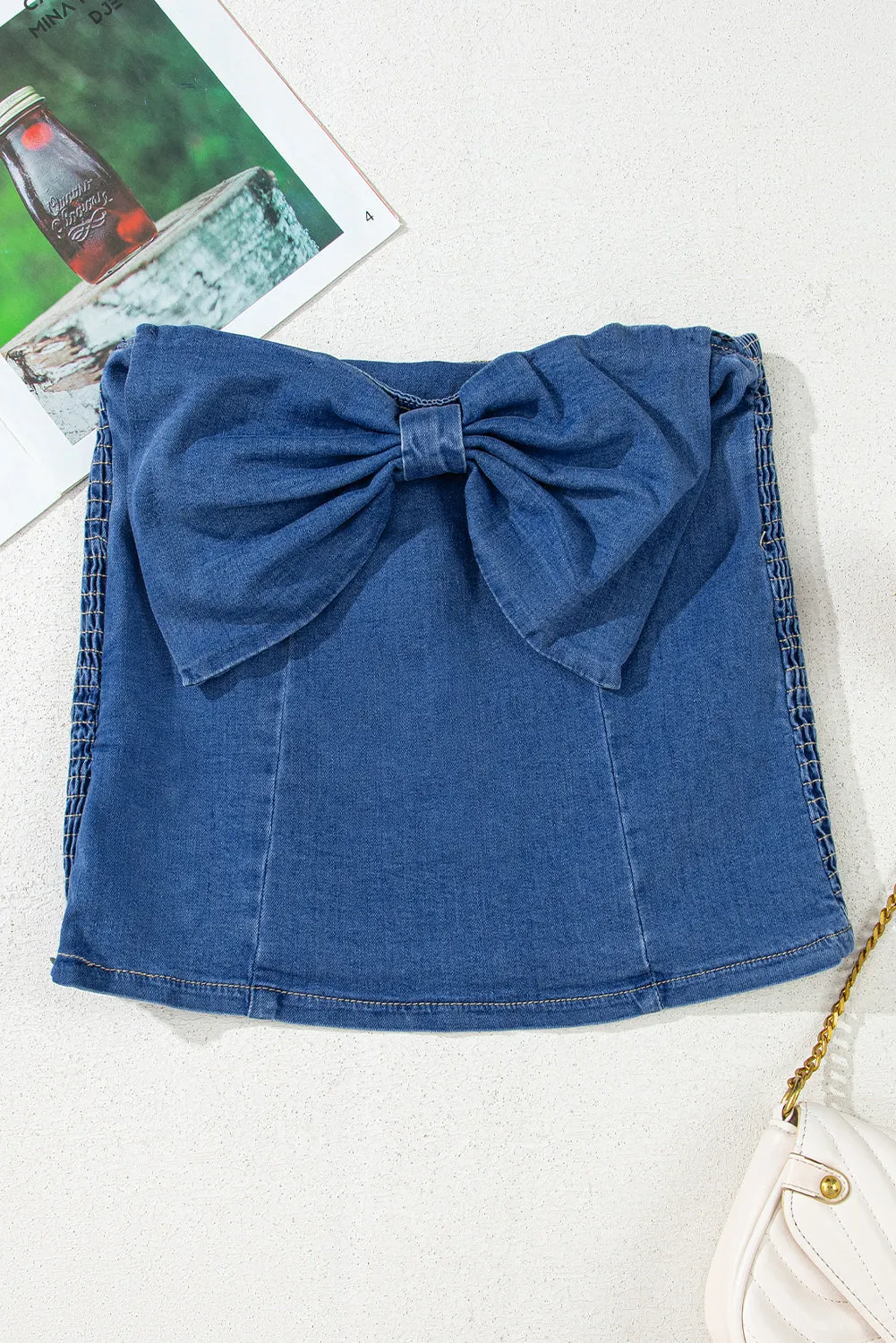 Sail Blue Bow-Down Denim Tube Top