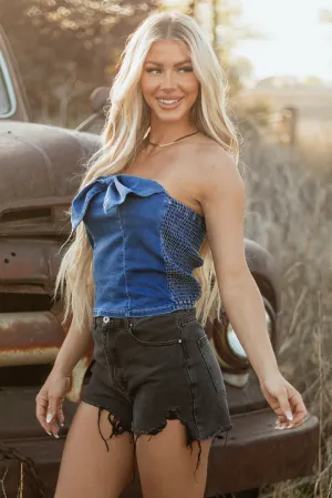 Sail Blue Bow-Down Denim Tube Top