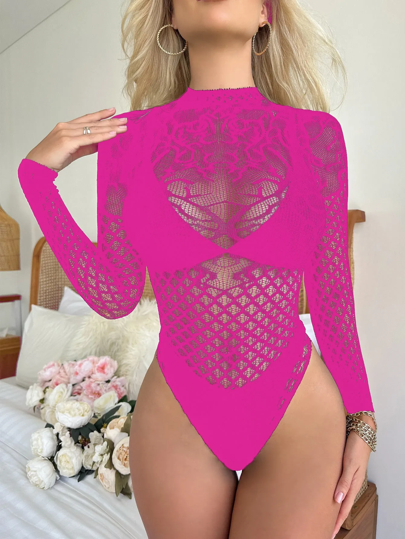 Seductive Sheer Lace Long Sleeve High-Neck Mesh Bodysuit