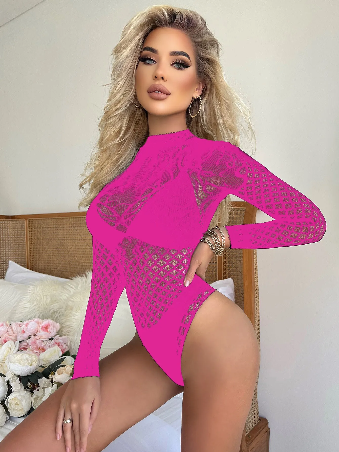 Seductive Sheer Lace Long Sleeve High-Neck Mesh Bodysuit