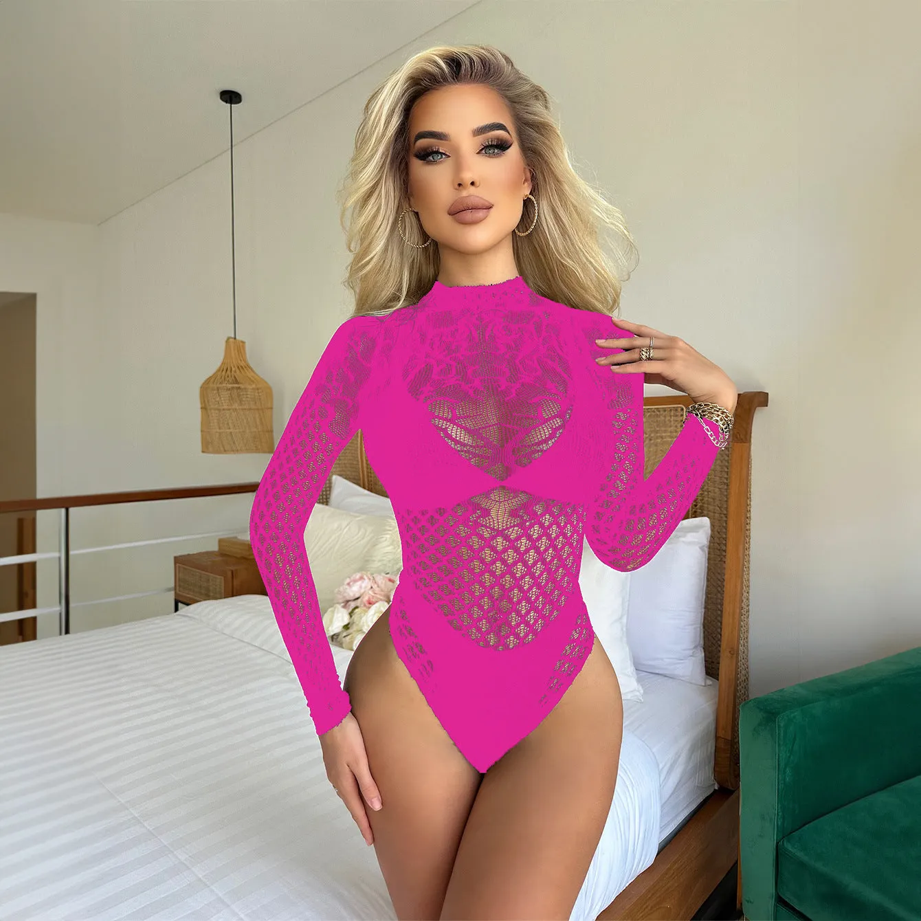 Seductive Sheer Lace Long Sleeve High-Neck Mesh Bodysuit