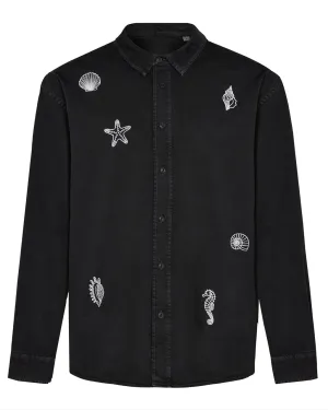 Shell Embroidered Organic Cotton Shirt Black
