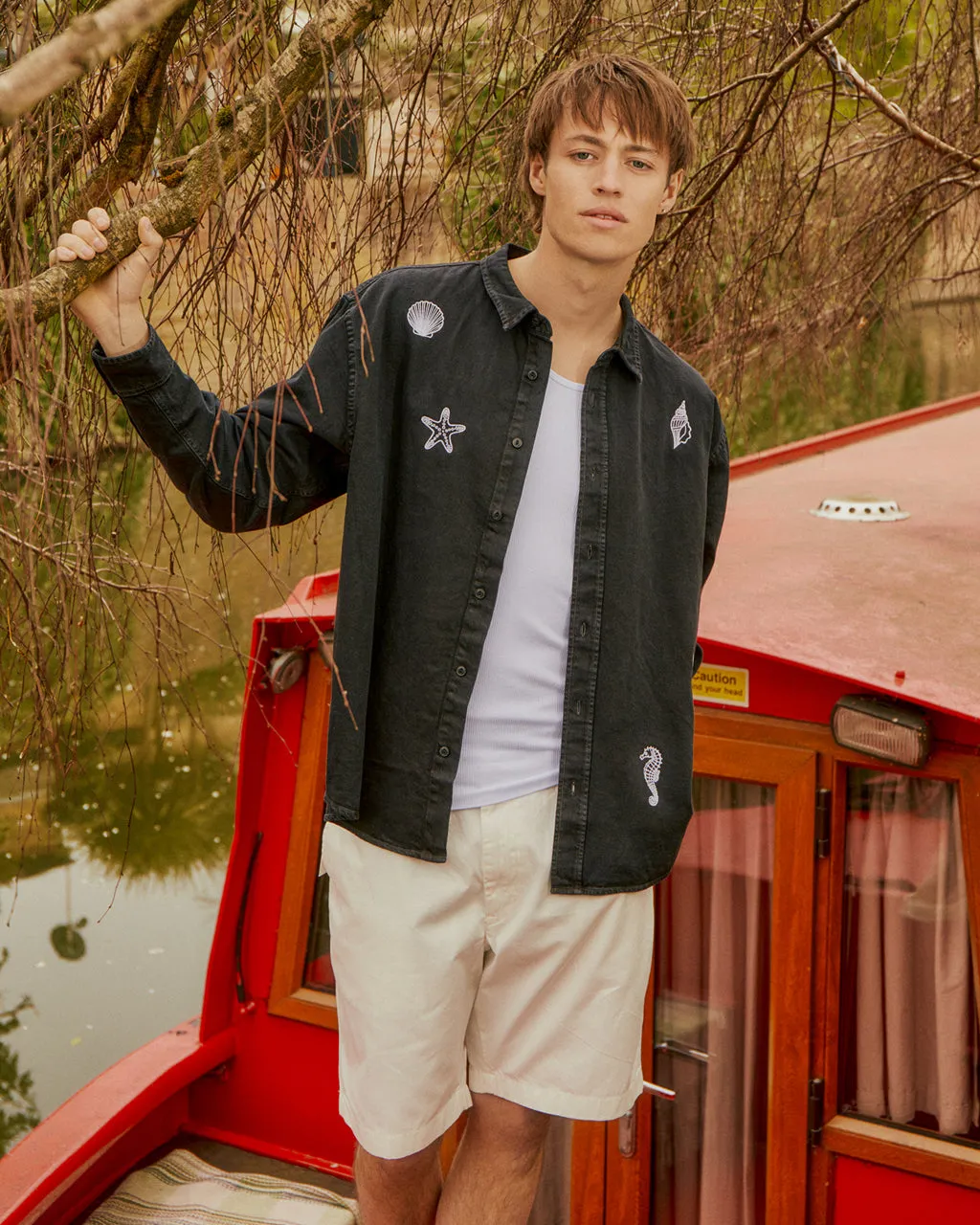 Shell Embroidered Organic Cotton Shirt Black