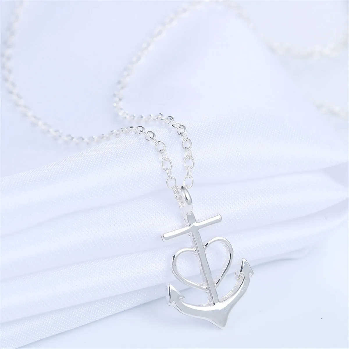 Silver-Plated Heart Anchor Pendant Necklace