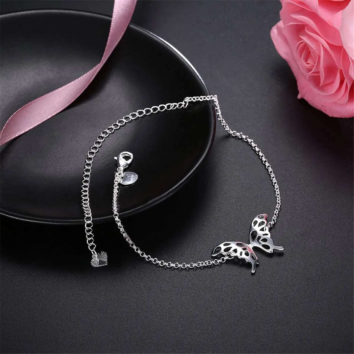 Silver-Plated Openwork Butterfly Anklet