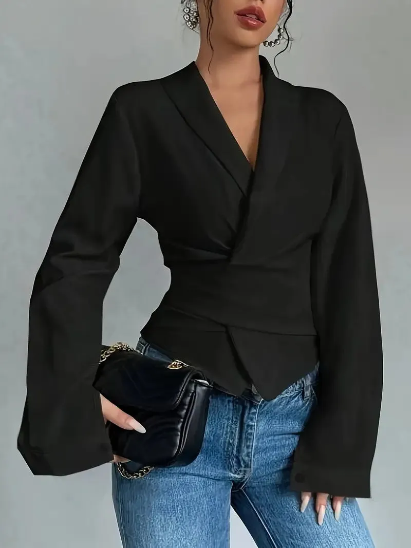 Sleek Solid Color Lace-Up Turndown Collar Long Sleeve Blouse